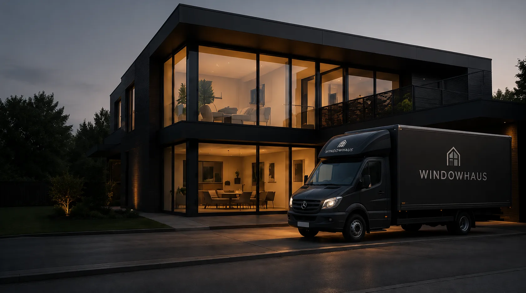 Modern dark architectural house exterior at night with a WindowHaus-branded delivery van parked outside
