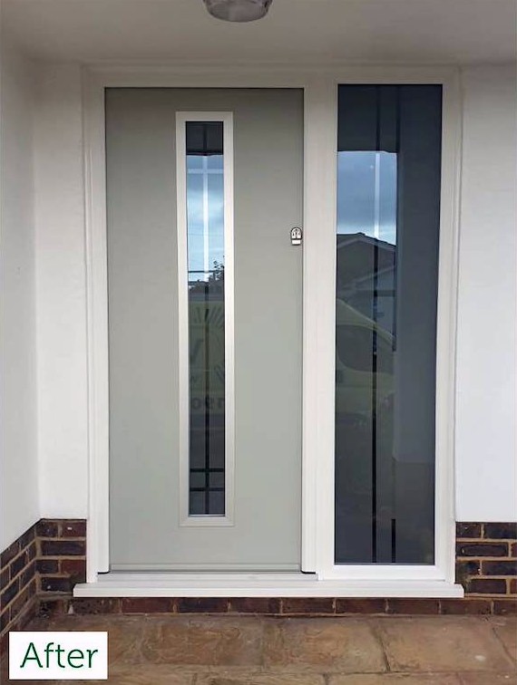 After: modern grey composite door with long bar handle, same doorway
